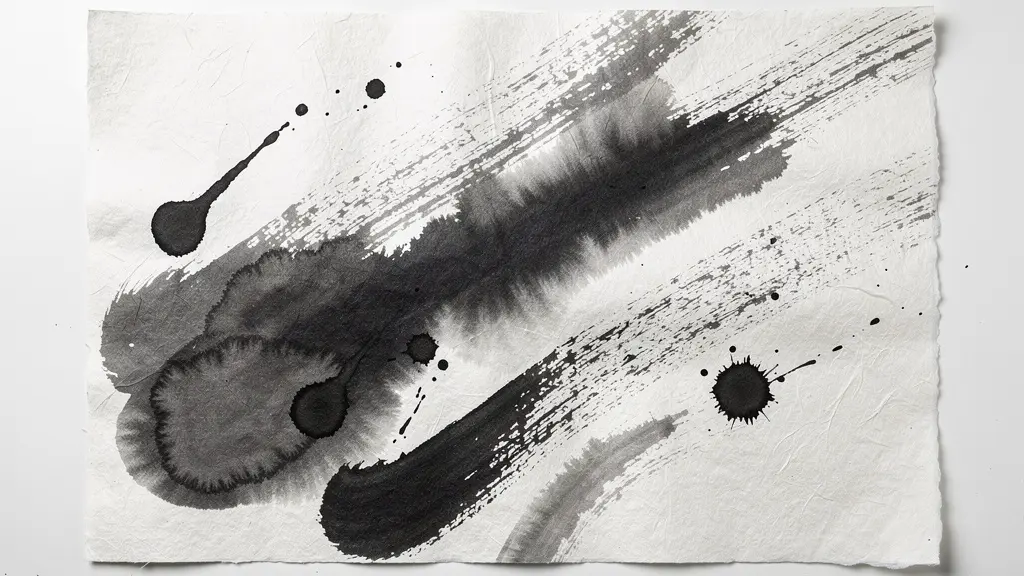 Abstract ink splashes and brushstrokes on rice paper showing various tones and textures