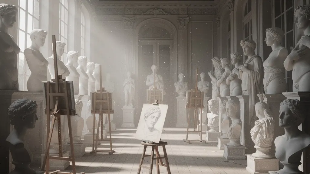 Wide shot of a classical art academy studio with plaster casts and students copying, showing the rigid training system