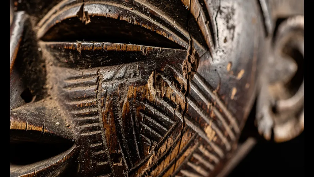 Close-up examination of authentic African mask patina and tool marks