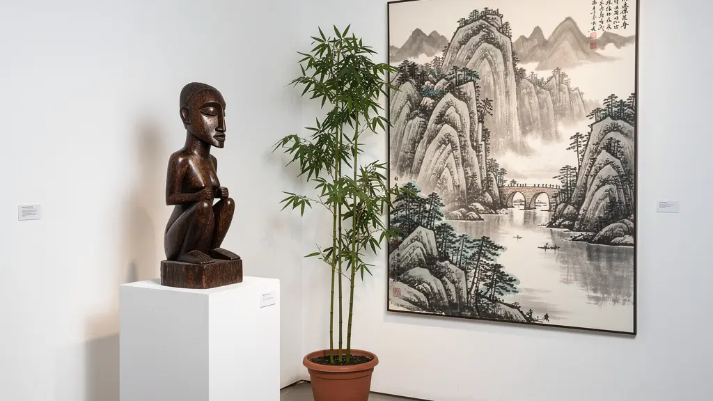 Living room corner featuring a dark wood African sculpture on a pedestal next to a large, monochromatic Asian ink wash painting on a clean white wall, creating a balanced and harmonious composition.