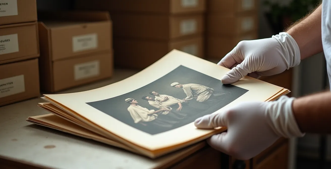 Museum-quality storage setup for Japanese prints with collector's gloved hands carefully handling a print.