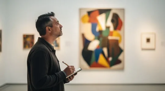 A visitor immersed in studying artwork in a retrospective exhibition gallery