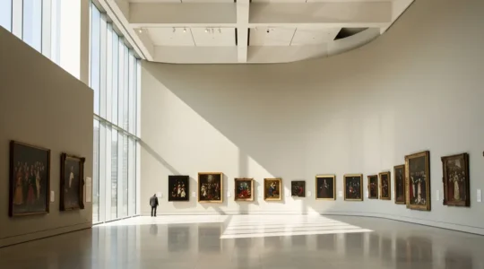 Museum gallery with chronological art pieces creating a visual pathway for memory