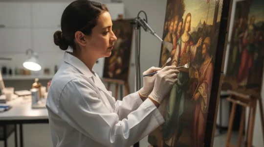 Professional art conservator examining a Renaissance painting with specialized equipment in a conservation laboratory