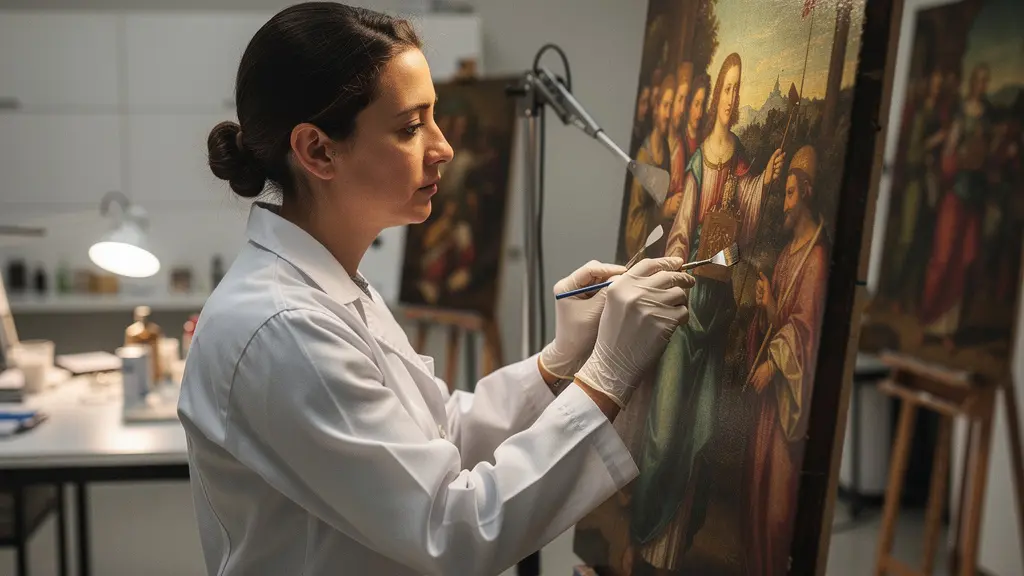 Professional art conservator examining a Renaissance painting with specialized equipment in a conservation laboratory