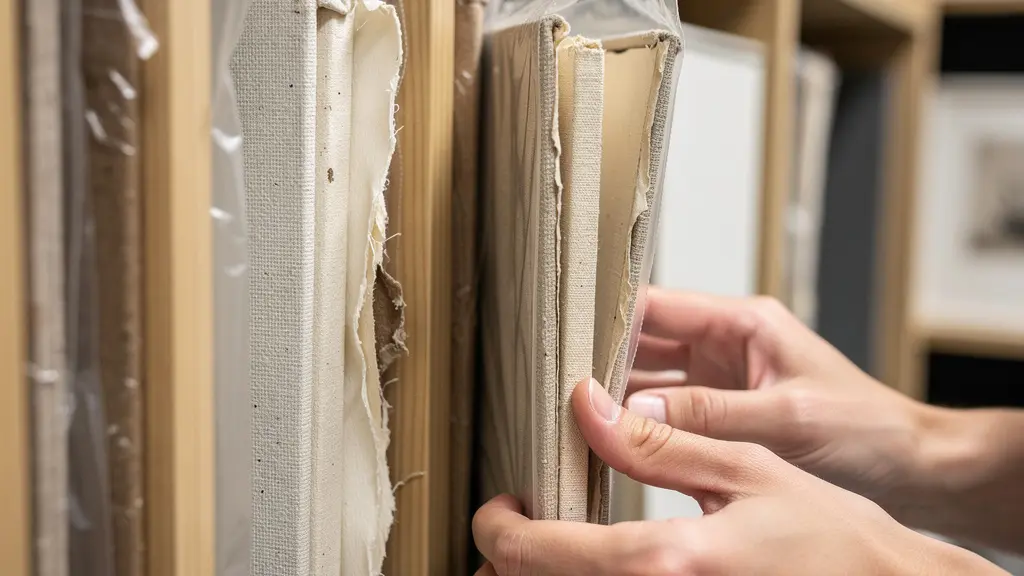 An elegant and organized art storage solution in a minimalist home, showing various cultural artworks in protective sleeves, neatly arranged with wooden dividers.