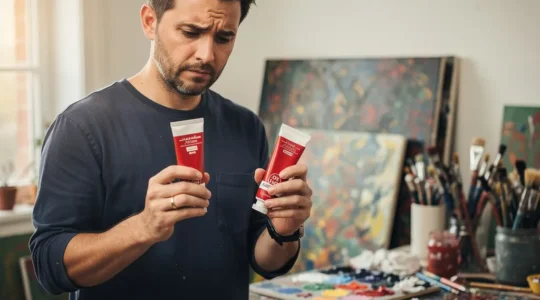 Artist comparing two tubes of red paint in a bright studio setting