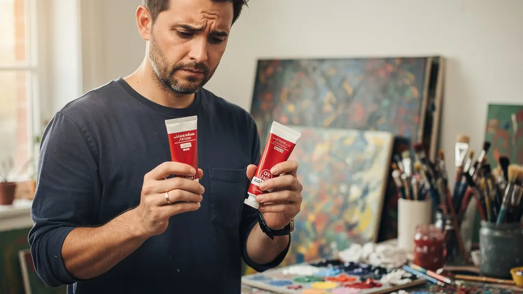 Artist comparing two tubes of red paint in a bright studio setting