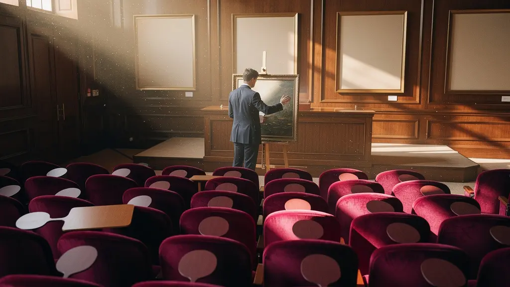Aerial view of empty auction room during off-season with dramatic lighting highlighting vacant bidding paddles on seats
