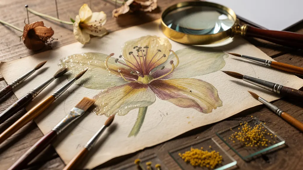 Extreme close-up of botanical illustration tools and specimen showing the intersection of art and scientific observation