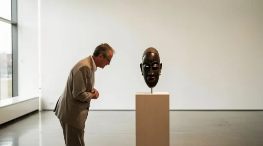 Collector examining an African mask with careful attention to detail in a museum setting