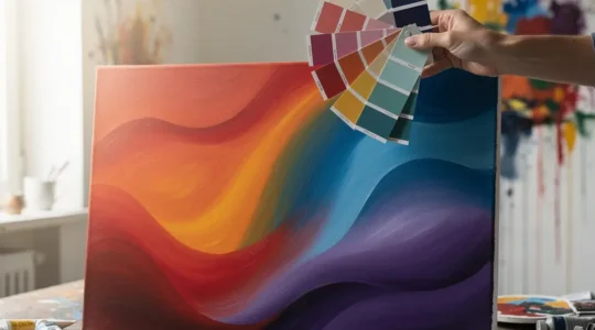 Artist's hand holding color swatches above a vibrant abstract painting with warm and cool color transitions