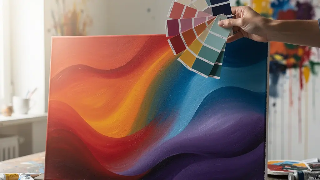 Artist's hand holding color swatches above a vibrant abstract painting with warm and cool color transitions