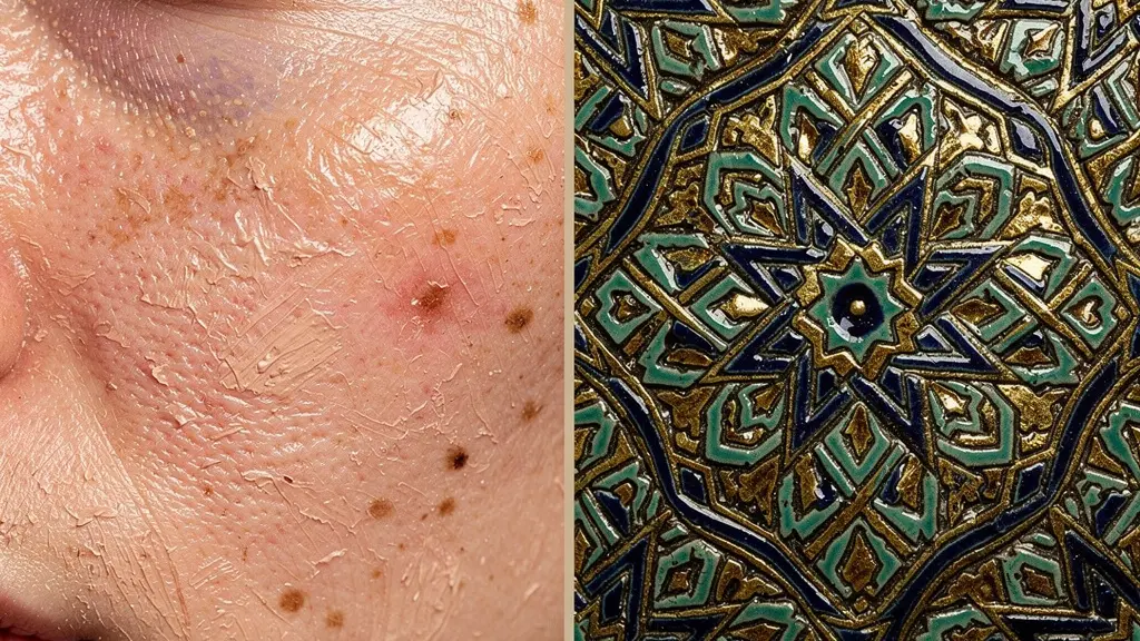 Split composition showing Western realistic portraiture alongside Islamic geometric patterns