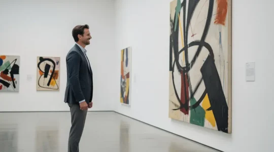 Visitor engaging confidently with contemporary artwork in an upscale gallery space