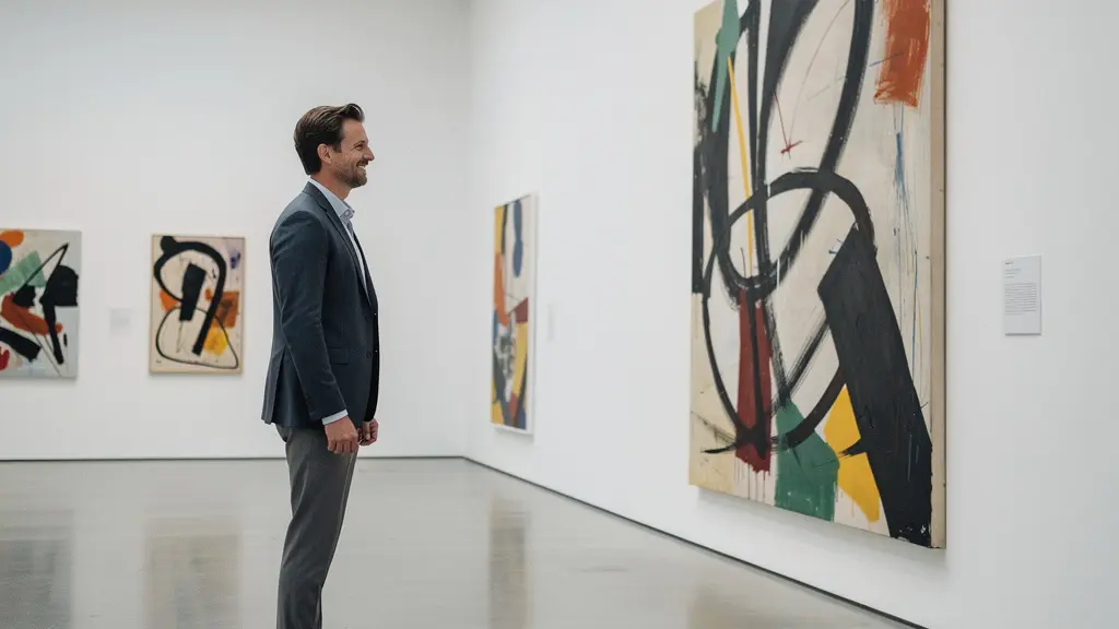 Visitor engaging confidently with contemporary artwork in an upscale gallery space