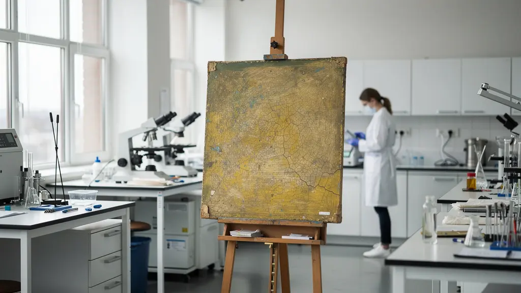 Conservation laboratory with paintings under analysis