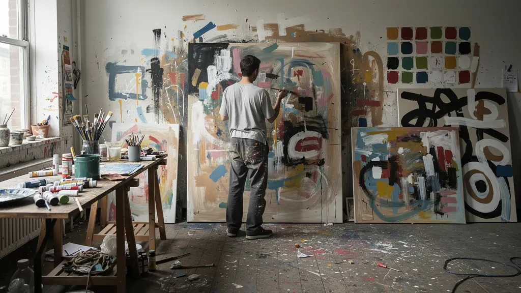 Wide shot of local artist in their working space surrounded by contemporary creations