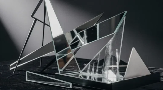 Abstract cubist composition showing fragmented geometric planes in muted earth tones