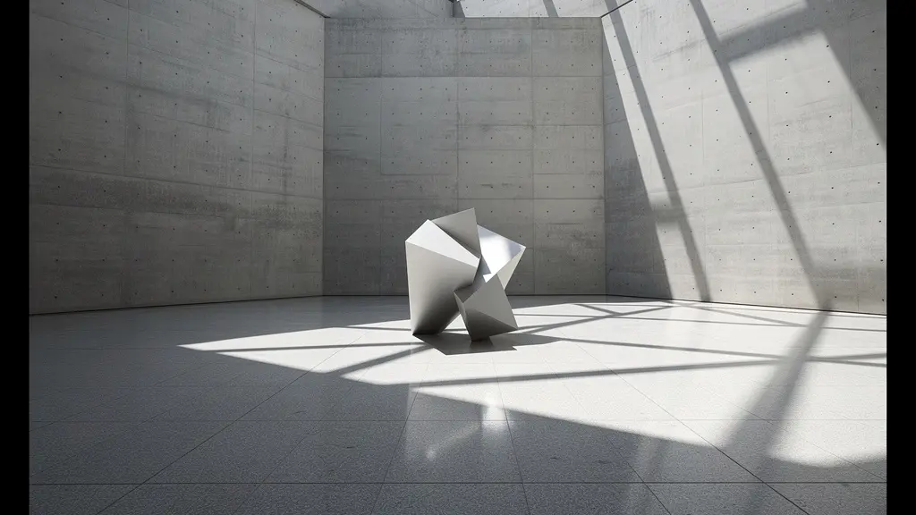 Wide angle environmental shot showing geometric abstract shadows and reflections in an architectural space