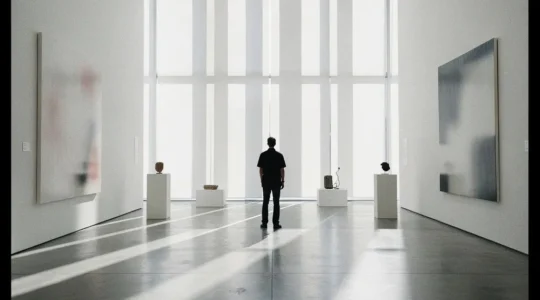 Curator contemplating artwork arrangement in a modern museum gallery space