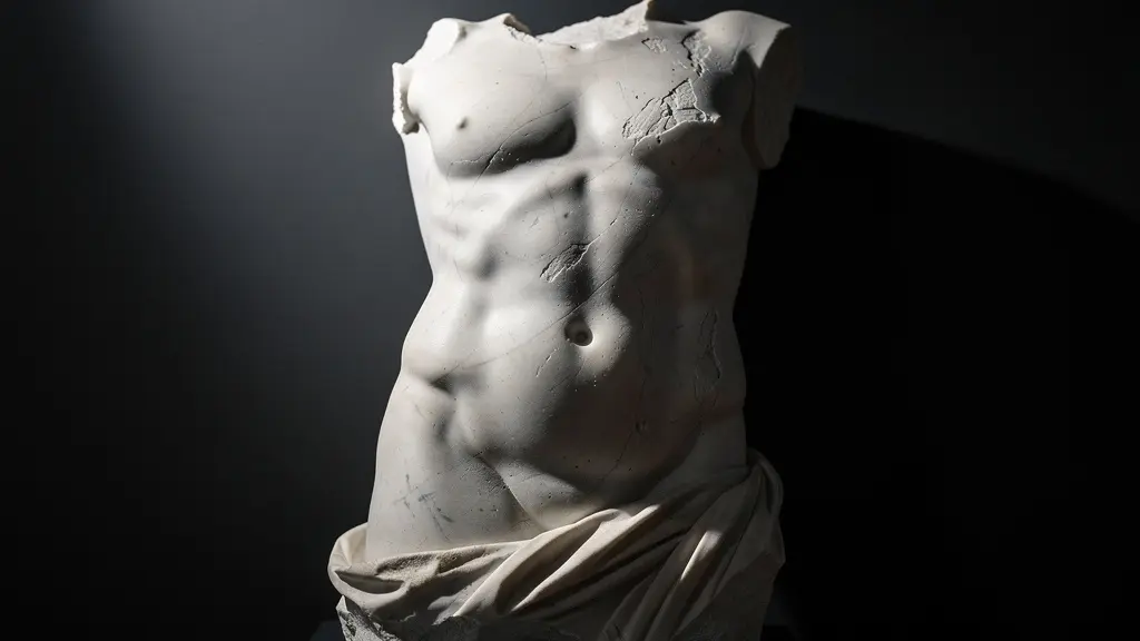 Museum sculpture dramatically lit with shadows creating depth and emotion