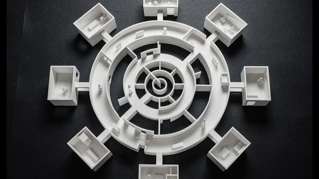 Aerial view of museum gallery showing spiral pathway with thematic alcoves