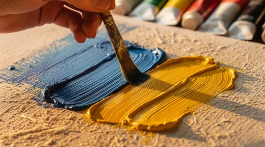 Artist's hand applying vibrant dabs of pure color onto canvas using broken brushstrokes in natural light