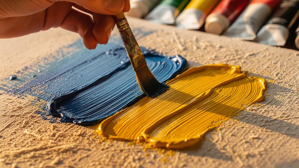 Artist's hand applying vibrant dabs of pure color onto canvas using broken brushstrokes in natural light