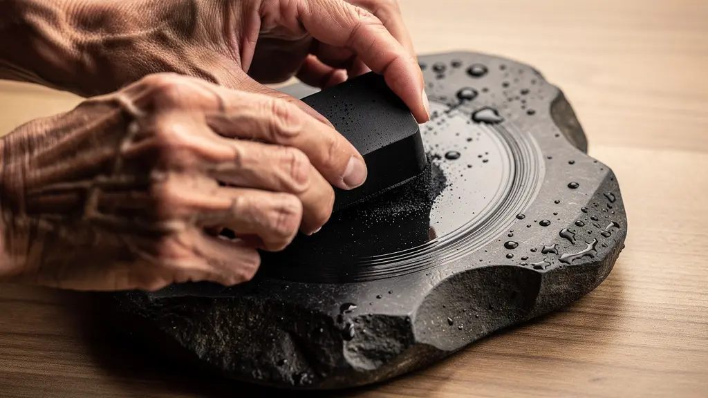 Close-up macro shot of hands grinding ink on a traditional stone with water droplets visible