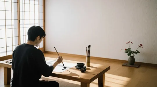 A serene artist practicing ink wash painting in a minimalist Japanese-inspired studio with natural light