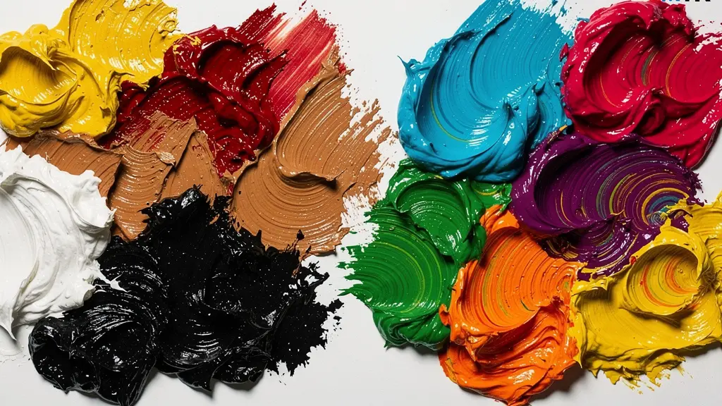 Close-up macro shot of paint mixing on palette showing transition from limited earth tones to vibrant CMYK colors