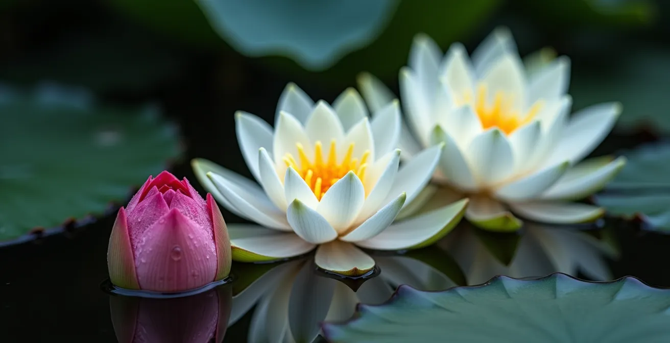Different stages of lotus flowers representing spiritual progression in Buddhist art