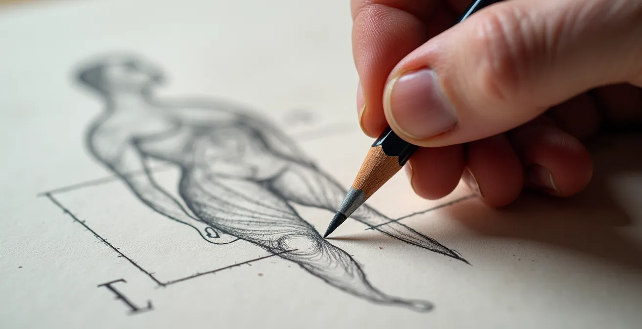 Extreme close-up of artist's hand drawing anatomical structure with visible construction lines