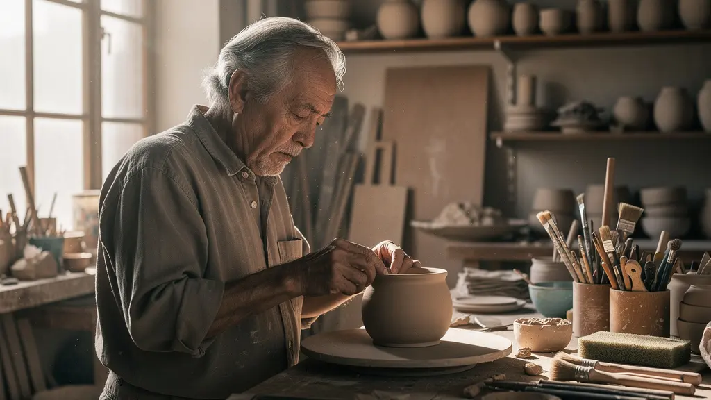 Master craftsperson examining authentic handmade ceramic in artist workshop