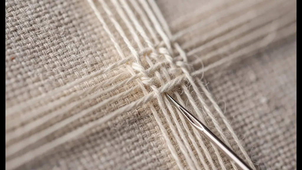 Extreme close-up of canvas fiber repair showing individual threads being rewoven