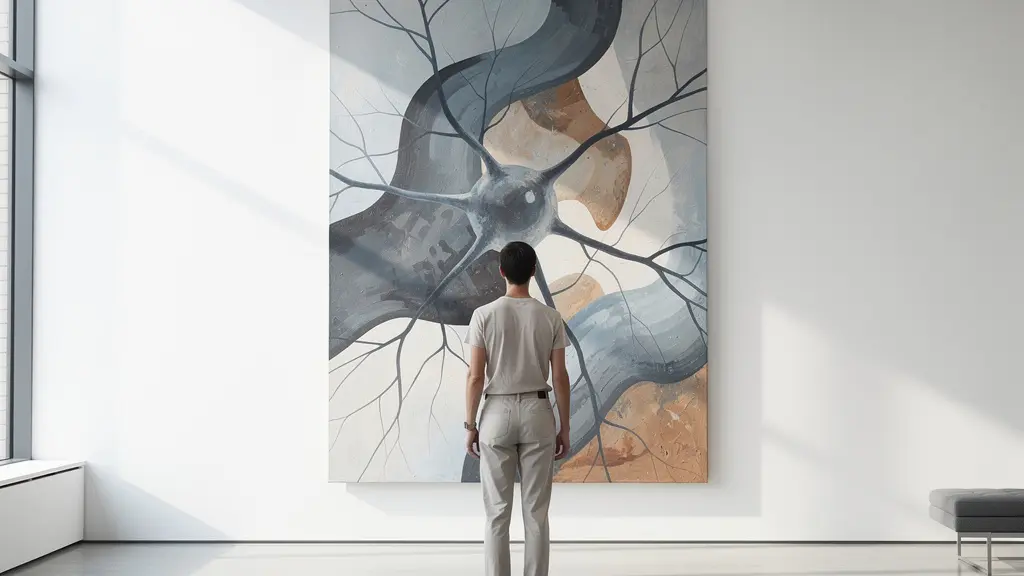 A contemplative viewer observing abstract art in a modern gallery space with dramatic lighting