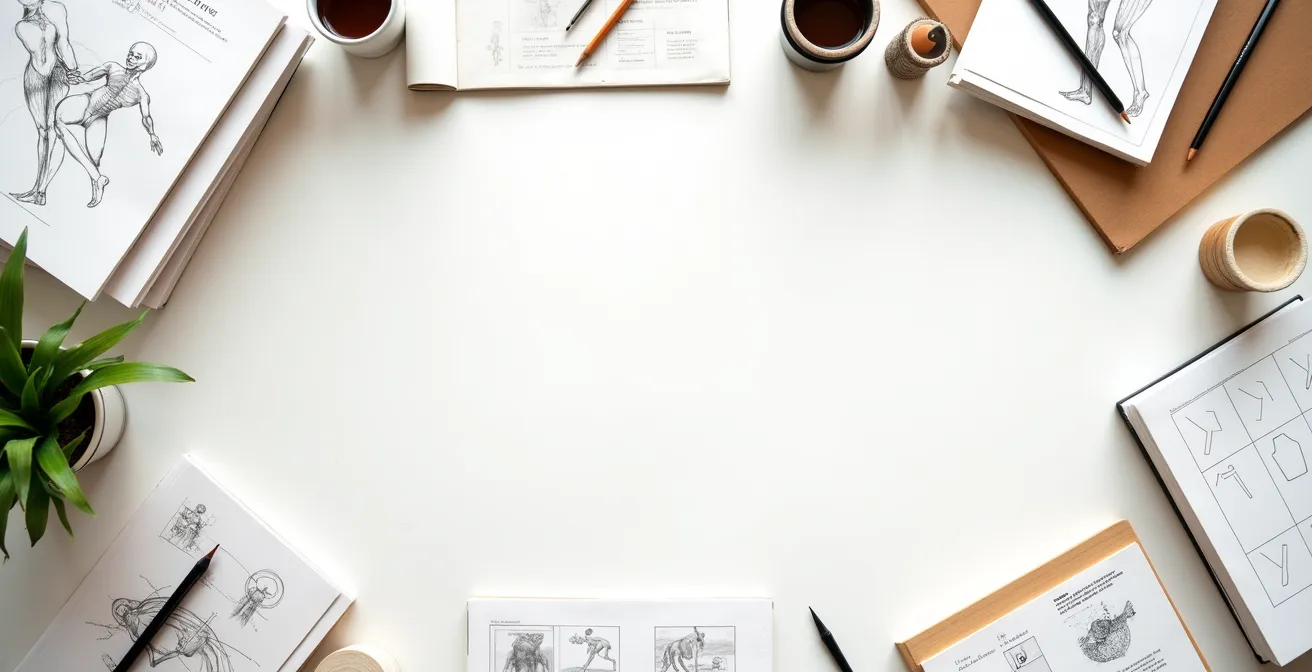 Clean overhead view of organized artist's desk with curriculum materials and art supplies systematically arranged