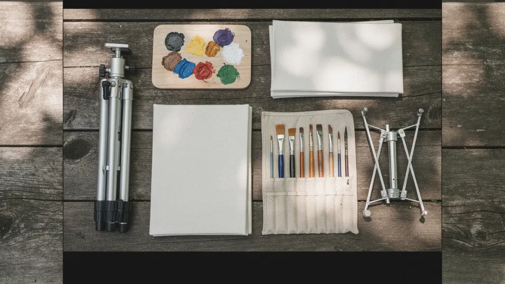 Organized plein air painting kit components laid out on natural wood surface showing modular system