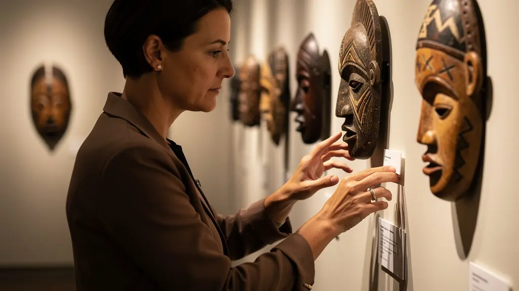 Museum gallery showing properly documented African masks with informational placards