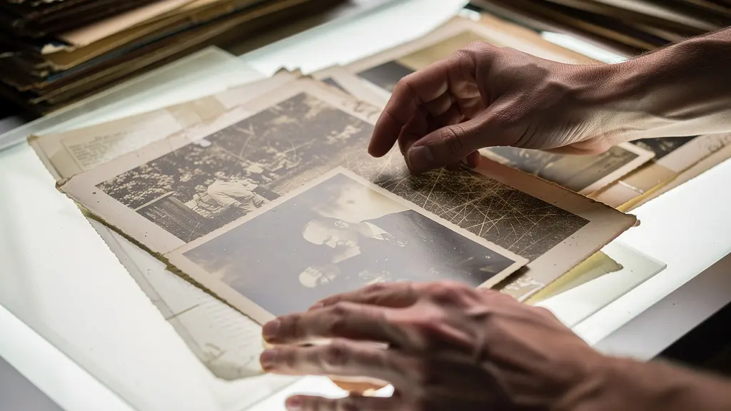 Close-up of curator's hands arranging contrasting archival materials