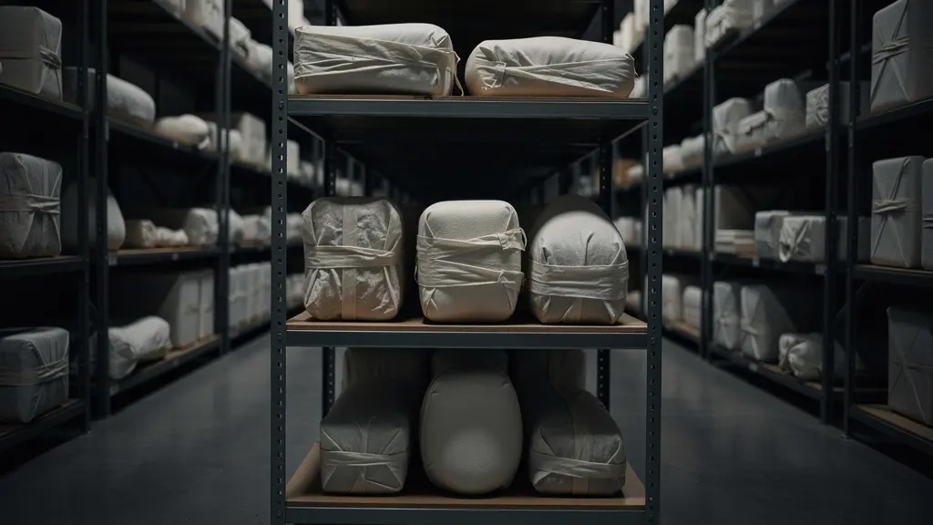 Deep museum storage vault with rows of archived artifacts in darkness