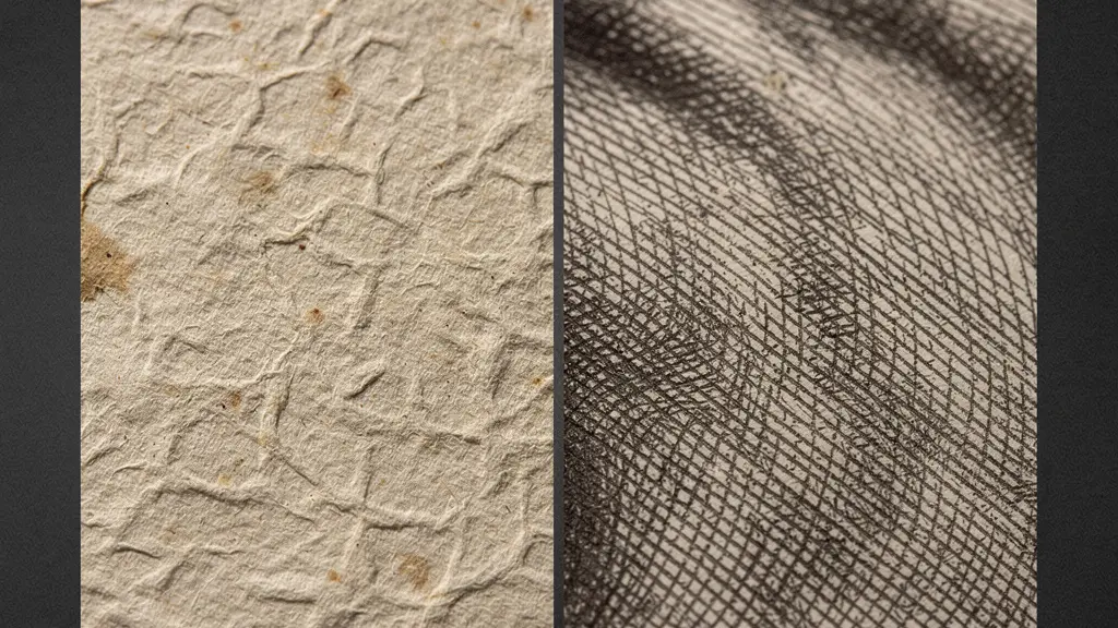 Split composition showing detailed Renaissance drawing technique on aged paper beside crisp 19th century etching print