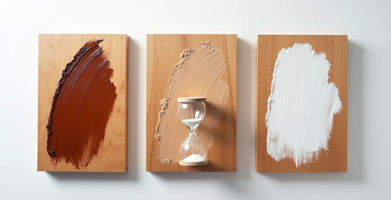 Visual timeline showing paint drying stages from wet to dry for oil, acrylic, and watercolor