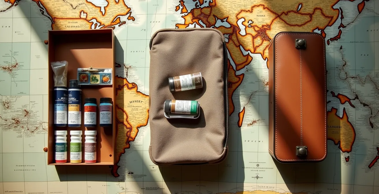 Three compact travel painting kits for oil, acrylic, and watercolor arranged on weathered map