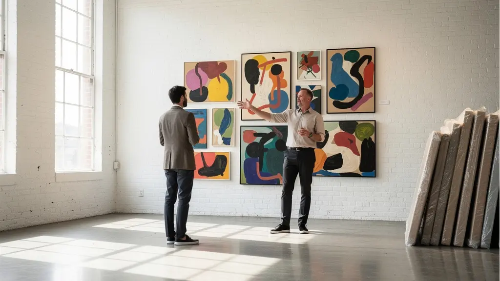 Curator and collector examining emerging artist works in a primary gallery project space