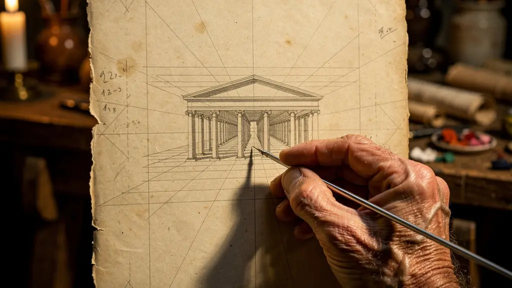 Close-up of Renaissance architectural drawing showing perspective construction lines and vanishing point
