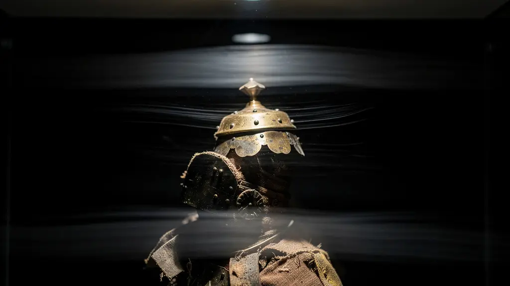 Close-up of isolated ceremonial object behind museum glass with stark lighting