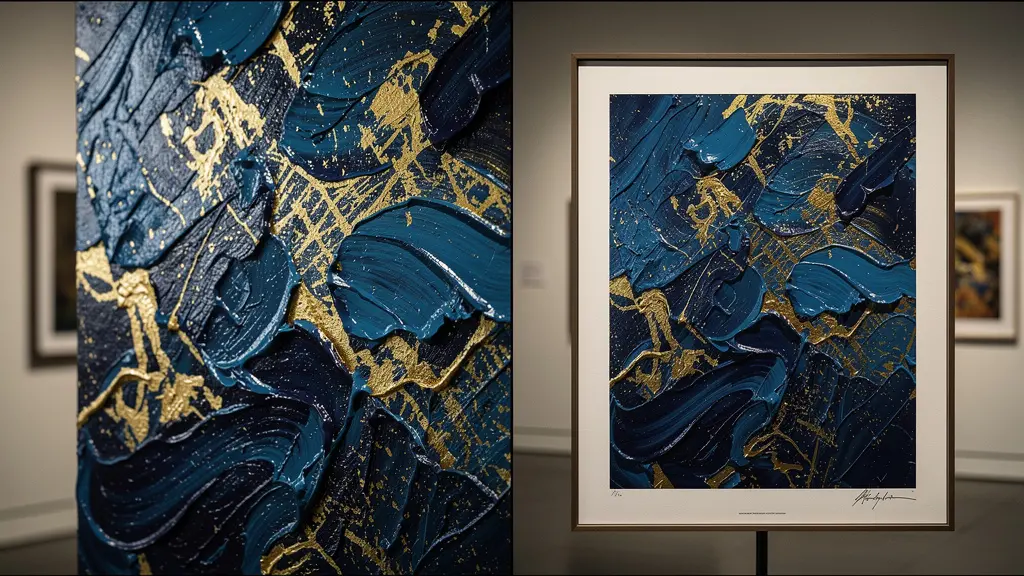 Comparative view of an original canvas and limited edition print in a gallery setting