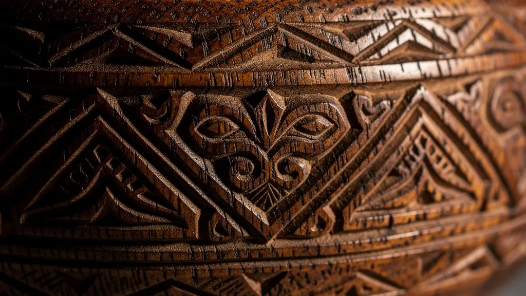 Detailed macro shot of carved wooden Yoruba bowl showing intricate patterns and functional beauty